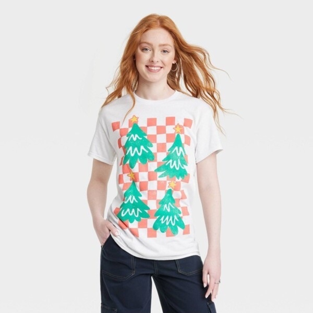 NWT Mighty Fine Holiday Checker Christmas Tree Graphic Tee White Size Small